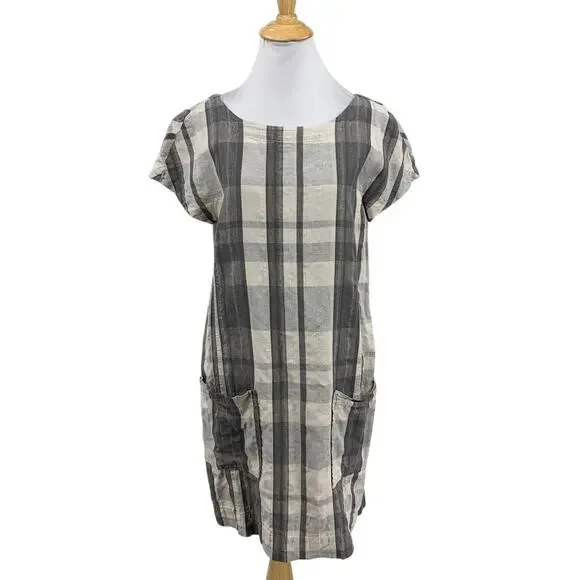 Eileen Fisher Dress Womens S Small Organic Linen Blend Plaid Lagenlook Pockets - Picture 1 of 13
